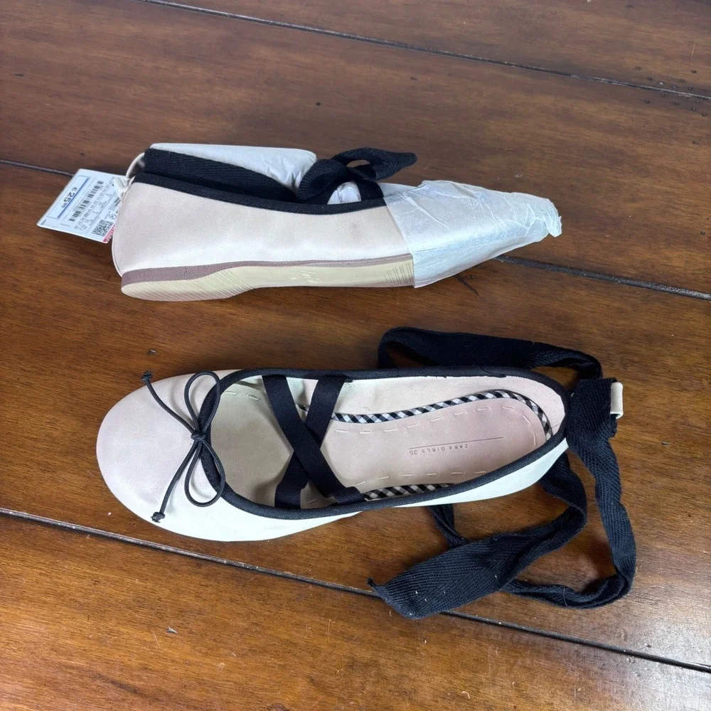 Zara Ballet Flats Girls Size 35 Cream Black Ribbon Ankle Tie NWT Ballerina Shoe